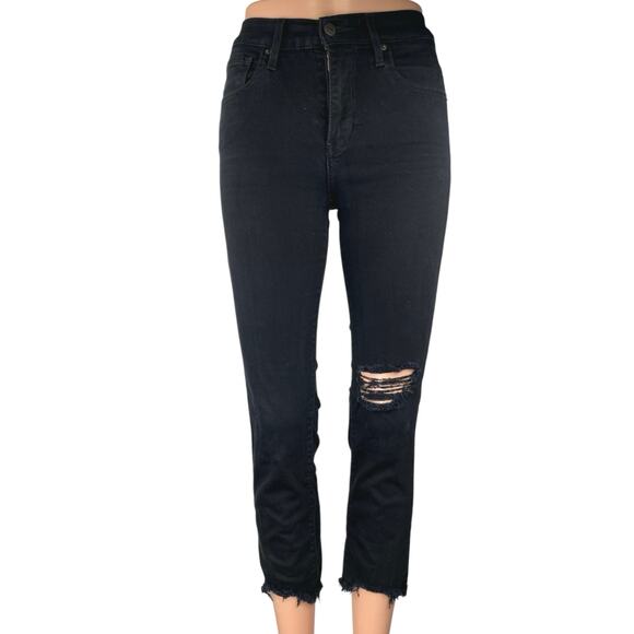 Levi's 724 High Rise Straight Crop Distressed Raw Hem Black Denim Jeans Size 25 - Picture 1 of 6
